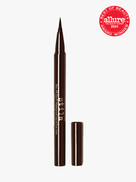 Stila All Day Waterproof Liquid Eyeliner in branded component with best of beauty seal in the top right corner on a light gray background